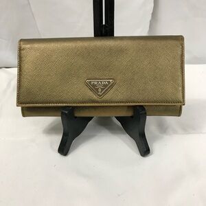 Prada Metallic Gold Saffiano Leather Double Snap Continental Wallet